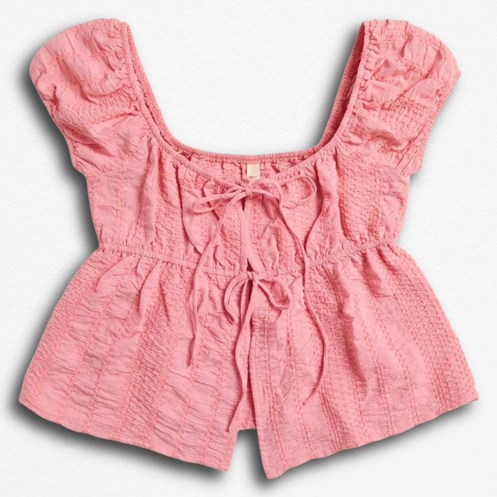 Evolutionary Pink Smocked Babydoll Top Tie Front Fairycore Y2K Deadstock Womens